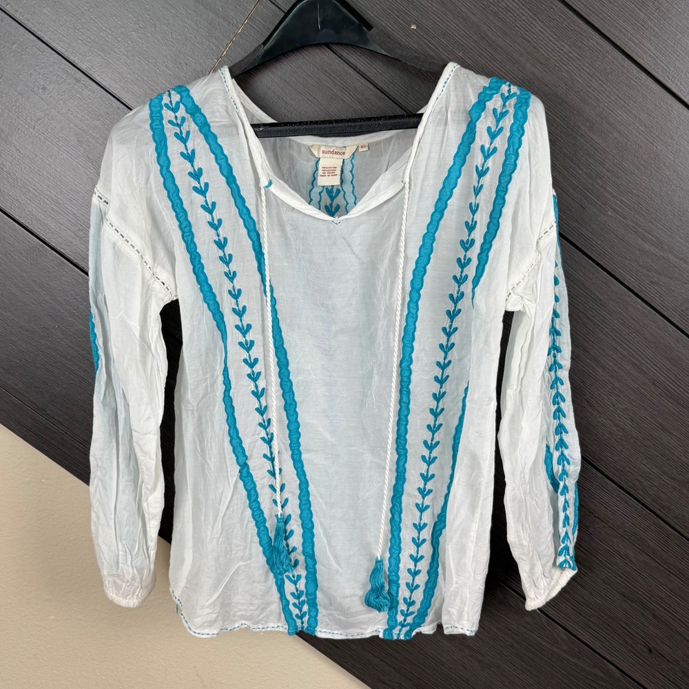 Sundance Women's XS White Turquoise Embroidered Peasant Boho Tassel Blouse